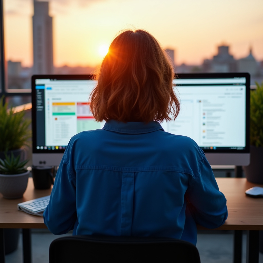 Content strategist analyzing competitor comparison page structures on dual monitors
