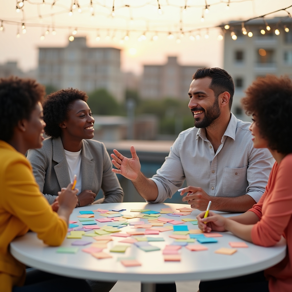 Product and content team collaborating over sticky notes during a content planning workshop outdoors