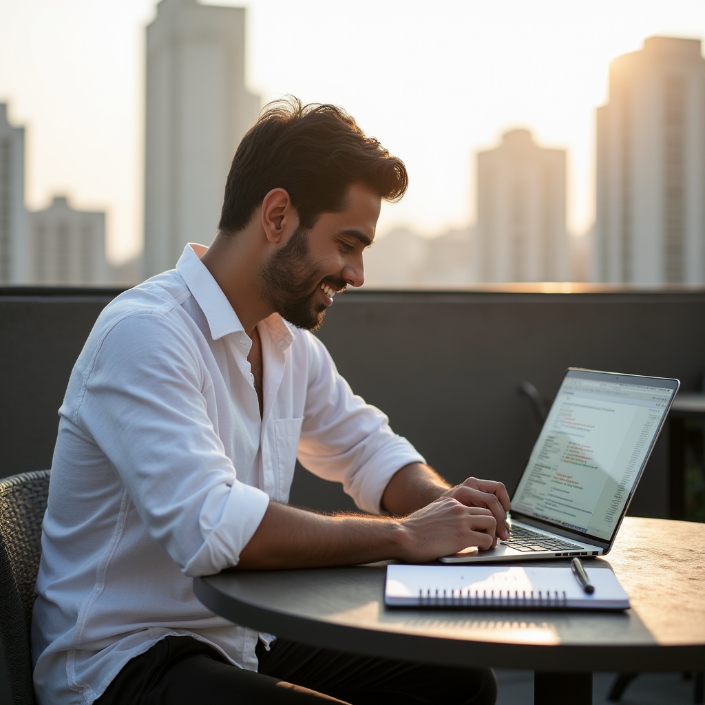 Technical writer reviewing product documentation on a laptop at a rooftop workspace with city view